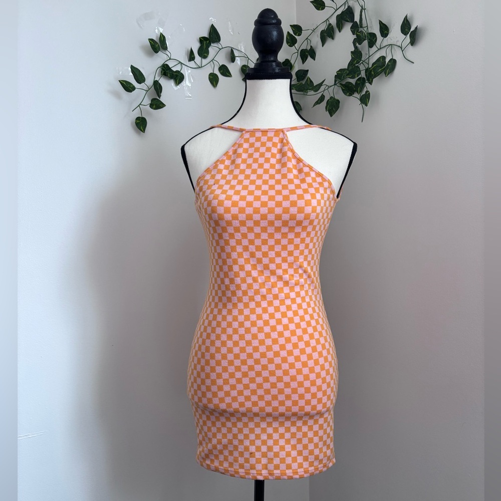 Bershka Orange and White Checkered Halter Mini Dress Size XS open back